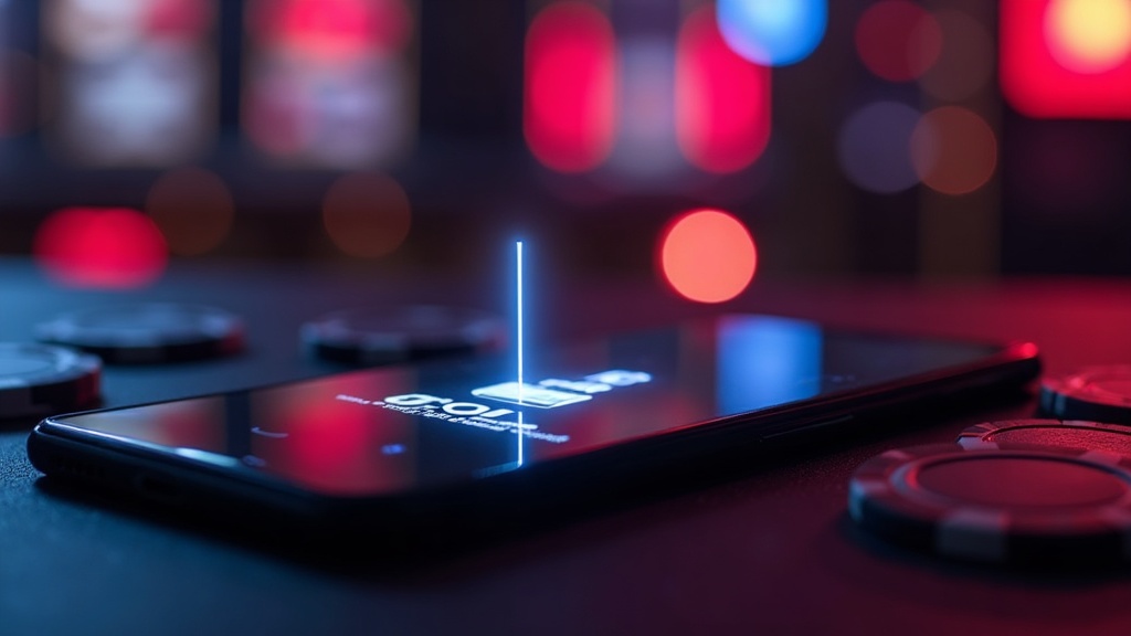 Android phone beside a glowing APK file icon in a dark casino setting