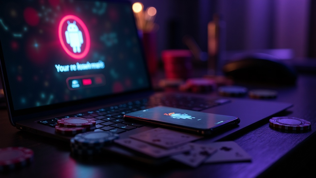 Android APK file on a desk in a dark neon casino setting