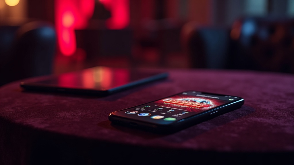 iPhone and iPad displaying a casino interface on a dark velvet table