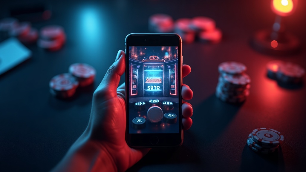 Hand holding a smartphone with a mobile casino lobby in a dark neon setting