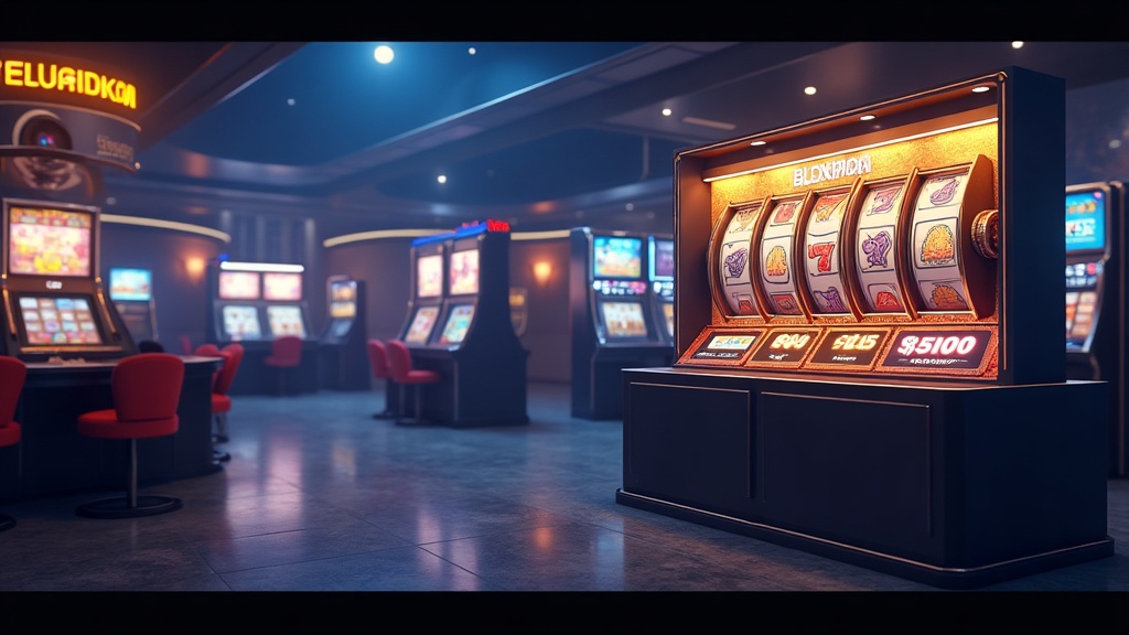 Dark casino promotion scene with free spins, bonus cards and slot reels