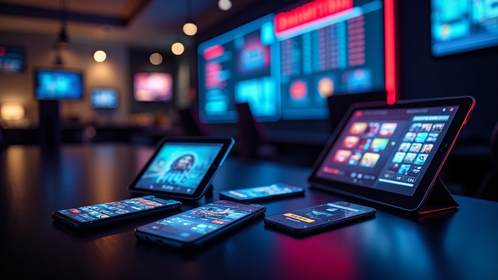 Smartphone, tablet, iPhone and iPad showing different casino interfaces in a dark neon scene