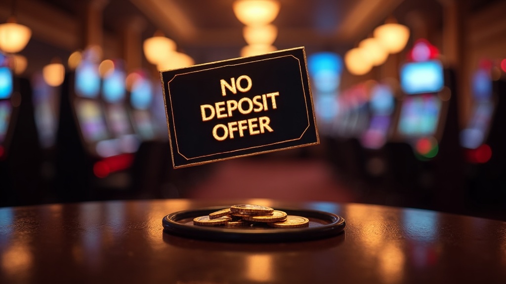 Dark casino lobby scene showing a rare no deposit bonus style offer above a slot machine