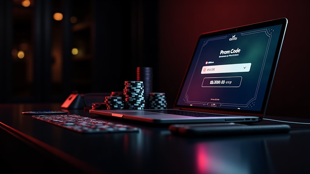Casino desk scene with a promo code activation screen and glowing slot lights