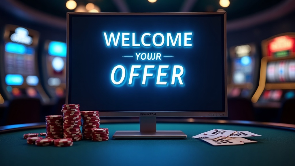 Casino welcome bonus scene with glowing screens, chips and slot reels in a dark setting